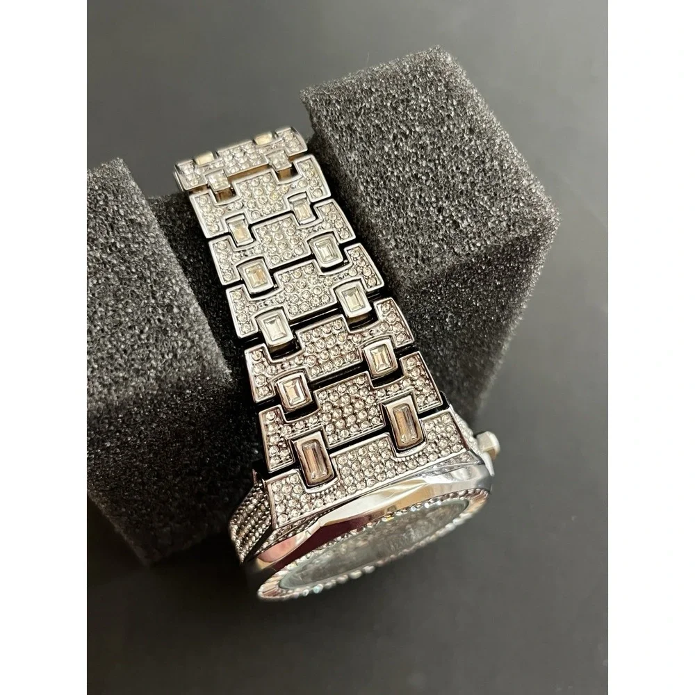 Silver Iced out bust down watch Mens simulated diamonds Stainless Steel